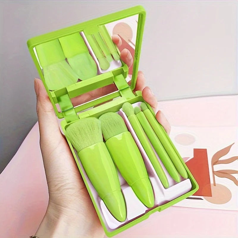 5-Piece Portable Makeup Brush Set with Mirror – Foldable Travel Kit