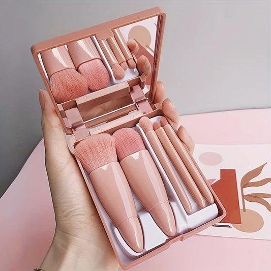 5-Piece Portable Makeup Brush Set with Mirror – Foldable Travel Kit